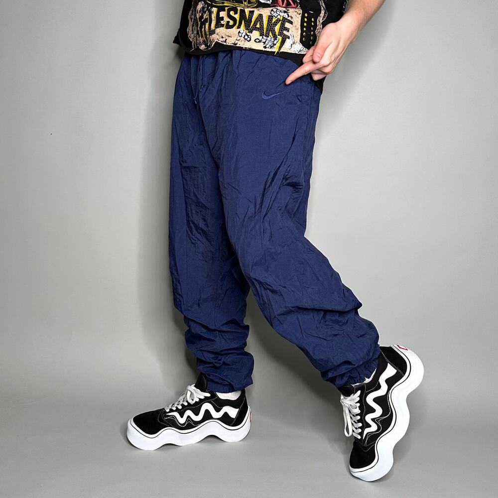 Vintage 90s Nike Track Pants Mens XL Navy Blue Nylon Joggers Subtle Swoosh